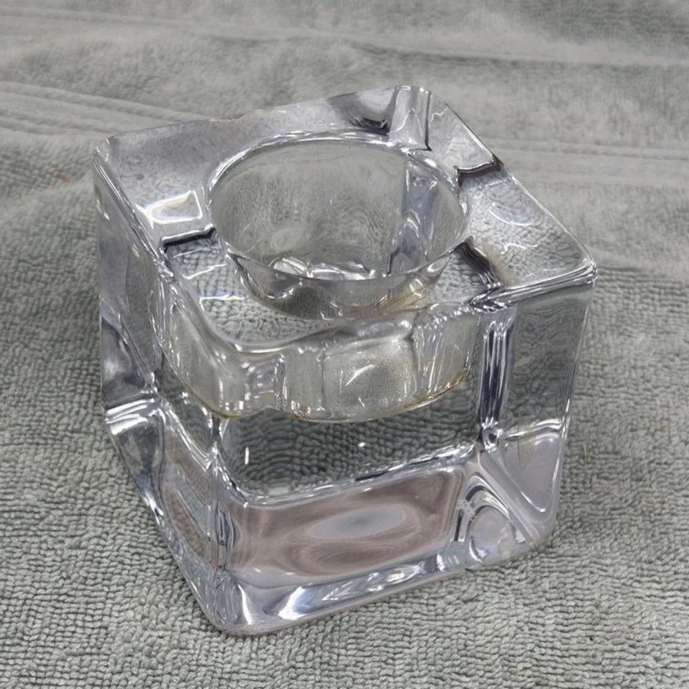 Orrefors Sweden Crystal Cube Votive Candle‎ Holder Signed Clear Art Glass Heavy
